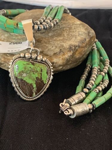 Navajo Pearls Sterling Silver Green Gaspeite Pendant Turquoise Necklace Set | Multi-Strand | 2986