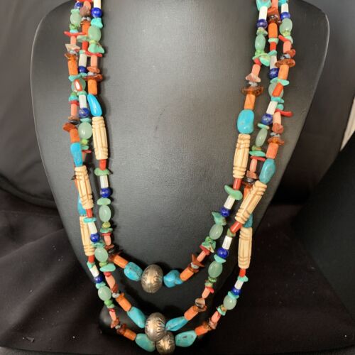Native American Santo Domingo Spiny Blue Turquoise Necklace | 3-Strand Shell | 10397