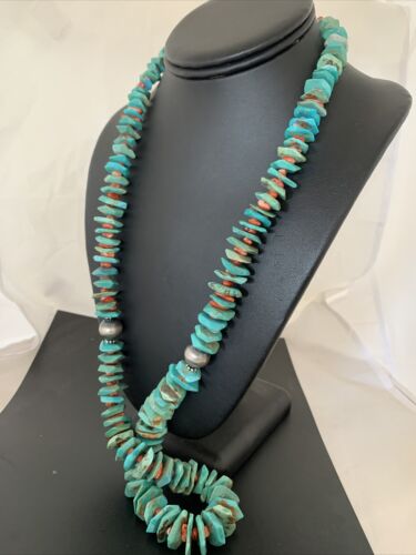 Authentic Navajo Green Turquoise & Spiny Oyster Necklace | Sterling Silver Pendant | 30" | 01852