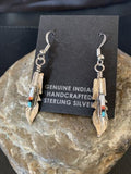 Navajo Coral Inlay Feather Earrings | Sterling Silver | Authentic Native American Handmade | 13065