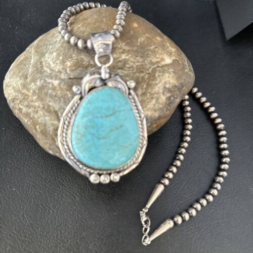 Navajo Blue Turquoise #8 Pendant Necklace | Sterling Silver | Authentic Native American Handmade | 14311