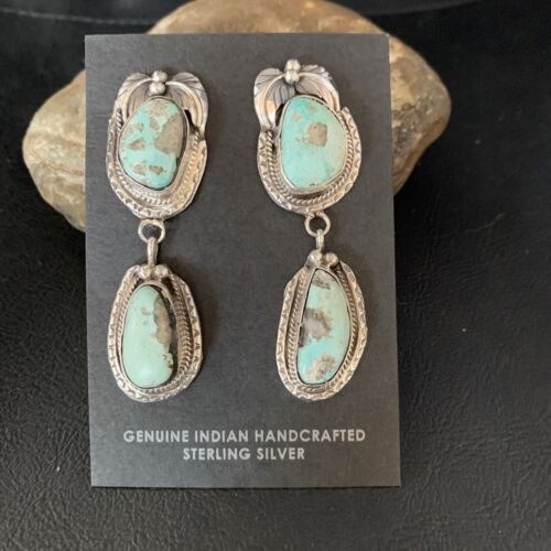 Navajo Blue Dry Creek Turquoise Post Dangle Earrings | Sterling Silver | Authentic Native American Handmade | 13880