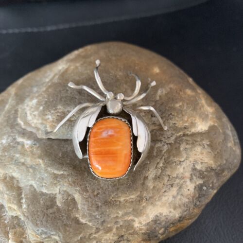 Navajo Spider Pin | Sterling Silver | Orange Spiny Oyster | Authentic Native American Handmade | 13698