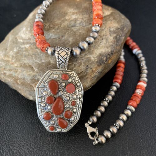 Navajo Red Coral & Spiny Oyster Necklace | Sterling Silver Bead | Authentic Native American Handmade | 13735
