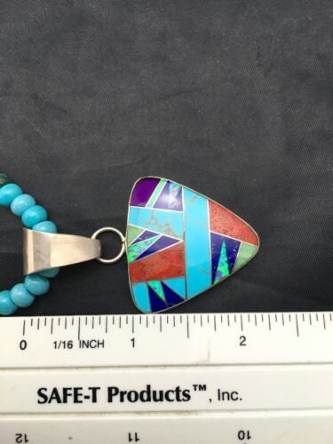 Authentic Native American Sterling Silver Necklace | Blue Turquoise Multicolor Pendant | Navajo Handmade | 21" | 4277