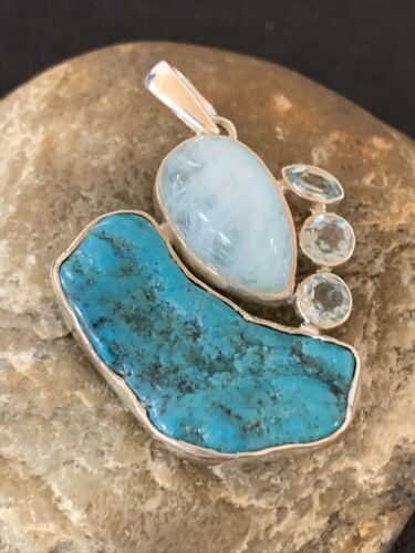 Navajo Blue Topaz Turquoise Pendant | Sterling Silver | 2" | Authentic Native American Handmade | 10832