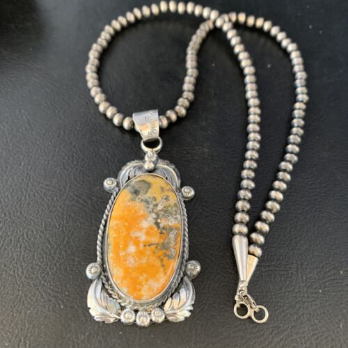 Navajo Bumblebee Jasper Pendant Necklace | Sterling Silver | Authentic Native American Handmade | 14201