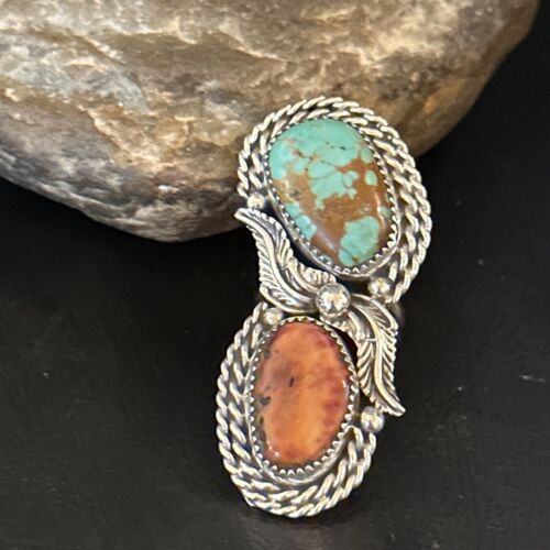 Navajo Women's Turquoise Spiny Oyster Multi-Stone Ring | Authentic Native American Sterling Silver | Multi-Stone | Sz 7.5 | 14489