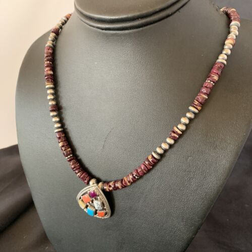 Navajo Multi-Color Multi-Stone Pendant | Authentic Native American Sterling Silver | Purple Spiny Oyster Necklace | 12356