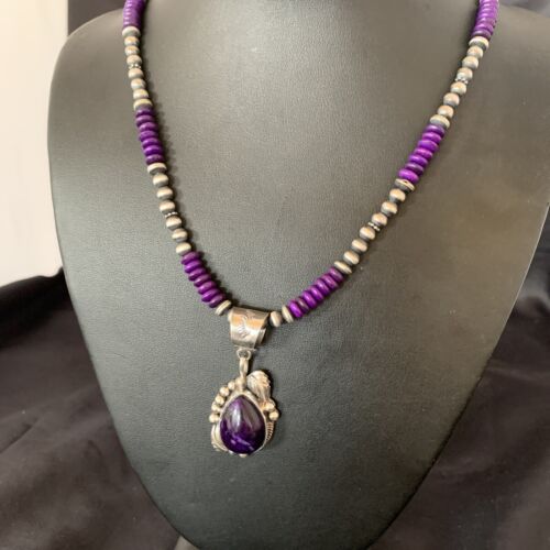 Navajo Pearls Purple Sugilite Necklace Pendant | Sterling Silver | Authentic Native American Handmade | 10720