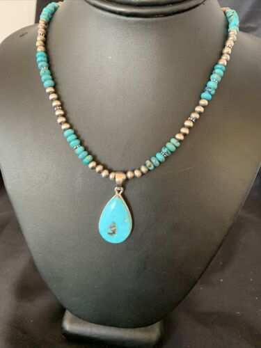 Navajo Pearl Necklace with Blue Kingman Turquoise Pendant | Sterling Silver | 11739