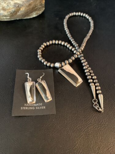 Navajo White Buffalo Turquoise Pendant | Sterling Silver Dangle Earrings | Authentic Native American Handmade | 14100