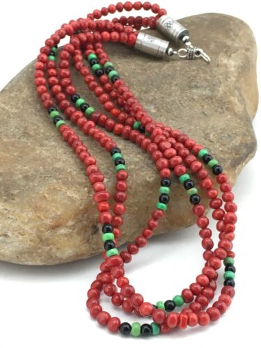 Native American Coral & Turquoise 3 Strand Necklace | Navajo Sterling Silver | 19" | 4856