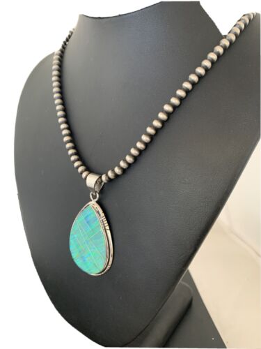 Native American Women's Navajo Green Faux Opal Pendant | Sterling Silver | 2.30" | 1895