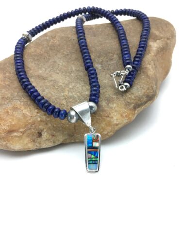 Navajo Sterling Silver Necklace Lapis Opal Pendant Set | 22" | Authentic Native American Handmade | 2907
