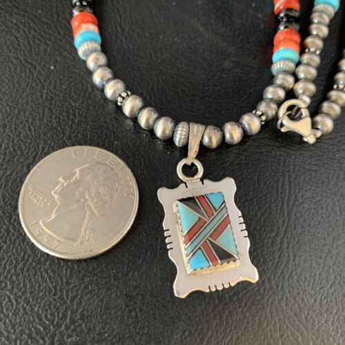 Navajo Multi-Color Turquoise Onyx Inlay Pendant Necklace | Sterling Silver | Authentic Native American Handmade | 13559