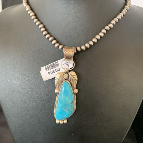 Men's Navajo Pearls Necklace with Blue Kingman Turquoise Pendant | Sterling Silver | 00904