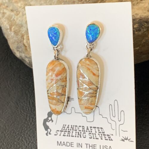 Navajo Snake Swirl Earrings | Orange Spiny Oyster Opal Inlay | Sterling Silver | Native American Handmade | 12022