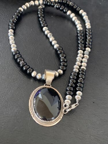 Men's Navajo Black Onyx Necklace Pendant | Sterling Silver Pearls | Authentic Native American Handmade | 11741