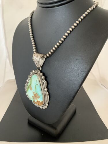 Navajo Green Royston Turquoise Pendant Necklace | Sterling Silver | Authentic Native American Handmade | 1935