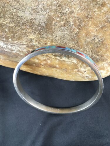 Native American Zuni Opal Spiny Turquoise Inlay Bracelet | Sterling Silver Bangle | 10199