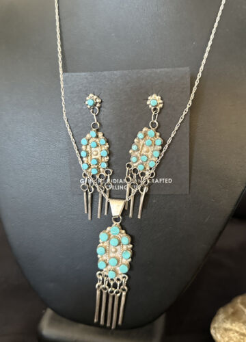 Native American Zuni Kingman Turquoise Necklace Pendant Earrings Set | Sterling Silver | 14487
