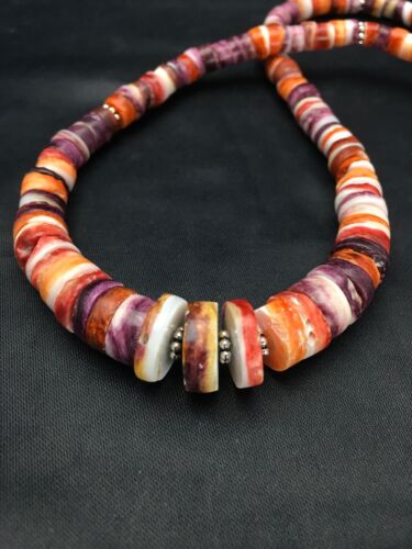 Orange Purple Spiny Oyster Necklace | Navajo Sterling Silver | Authentic Native American Jewelry | 20"