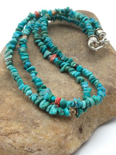 Navajo Blue Turquoise Nugget Bead Necklace | 2 Strand | Sterling Silver | 17" | Authentic Native American Handmade | 4490