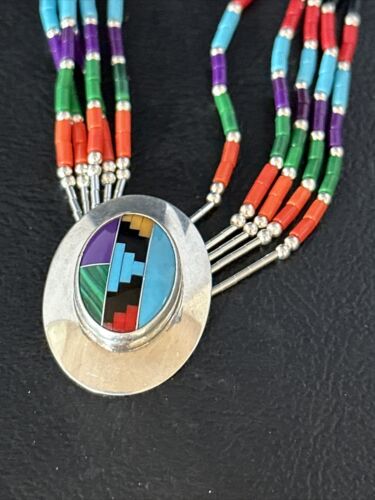 Multi-Color Liquid Silver Heishi 5-Strand Necklace | Sterling Silver Pendant | 14825