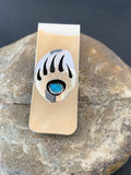 Navajo Handmade Turquoise Bear Paw Money Clip | Sterling Silver | Authentic Native American | 1568