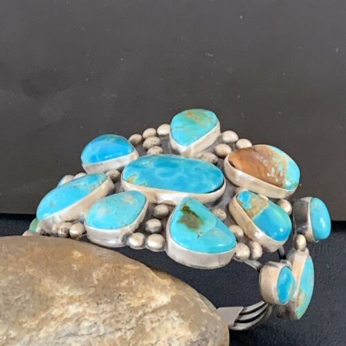 Men's Navajo Blue Royston Turquoise Cuff Bracelet | Sterling Silver | Authentic Native American Handmade | 1070