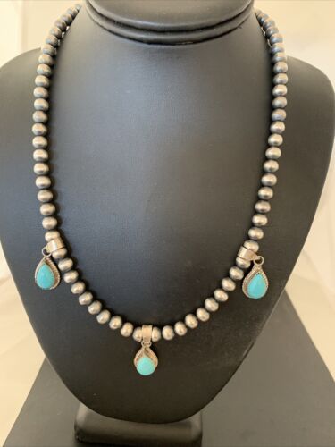 Navajo Handmade Sterling Silver Turquoise Necklace | 3 Teardrop Pendants | Authentic Native American | 1952