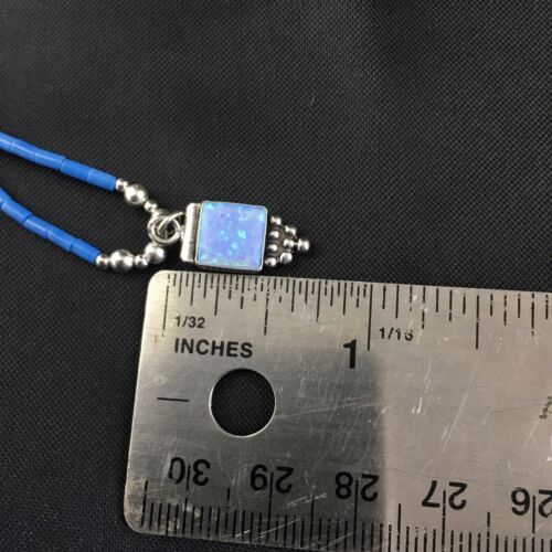 Children's Lapis Beads Sterling Heishi Necklace | Opal Pendant | 15" Chain | 10130