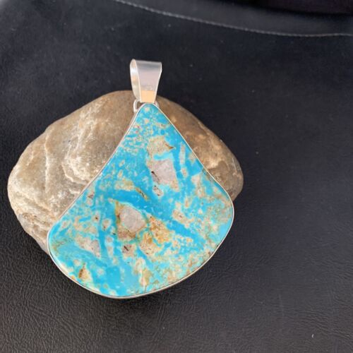 Navajo Men's Kingman Turquoise Necklace | XXL | Sterling Silver | 4" Pendant | Authentic Native American Handmade | 13984