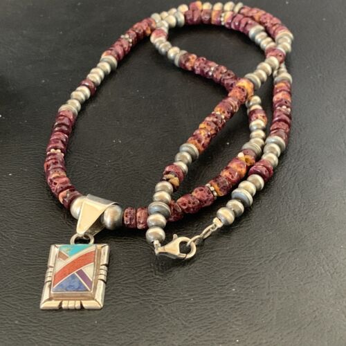 Navajo Multi-Color Inlay Pendant | Sterling Silver Purple Spiny Oyster Necklace 21" | 12359