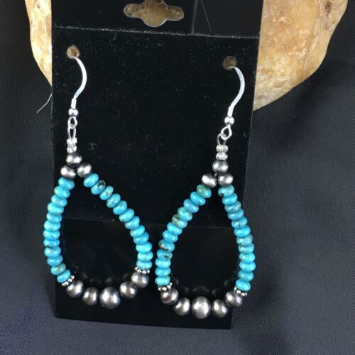 Navajo Blue Turquoise Bead Earrings | Sterling Silver Pearls | 1.75" | Authentic Native American Handmade | 1971