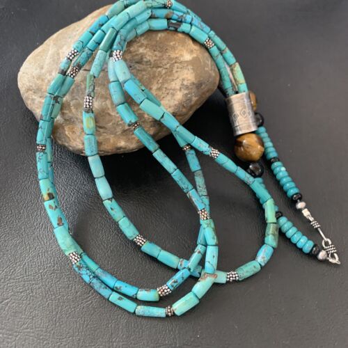Navajo 3-Strand Tube Turquoise Bead Necklace | Sterling Silver | 26" | Authentic Native American Handmade | 11821