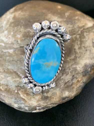 Navajo Blue Kingman Turquoise Ring | Sterling Silver | Sz 7.5 | Authentic Native American Handmade | 13382