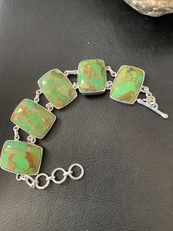 Navajo Green Mojave Turquoise Link Bracelet | Sterling Silver | 8" | Authentic Native American Handmade | 11644