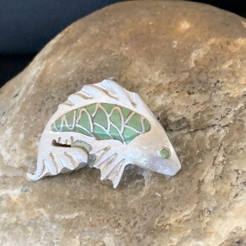 Navajo Green Gaspeite Fish Pin Pendant | Sterling Silver | Authentic Native American Handmade | 12130