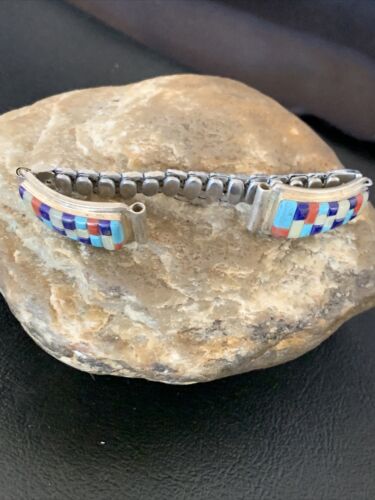 Navajo Sterling Silver Watch Tips with Turquoise, Coral & Mother of Pearl Inlay Band | Authentic Native American Jewelry | 12138