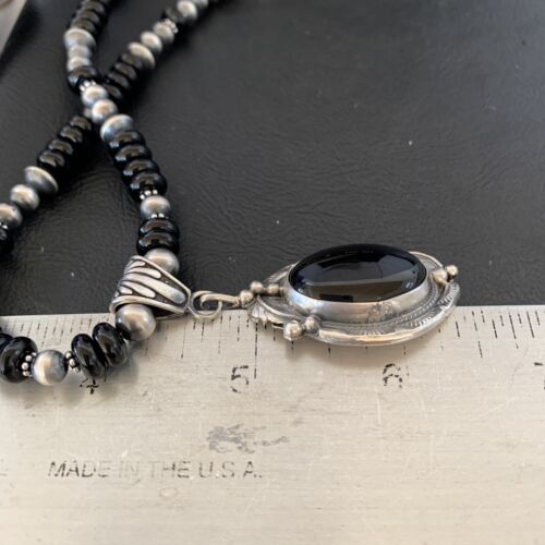Native American Men's Navajo Pearl Necklace Pendant | Sterling Silver Black Onyx | 10805