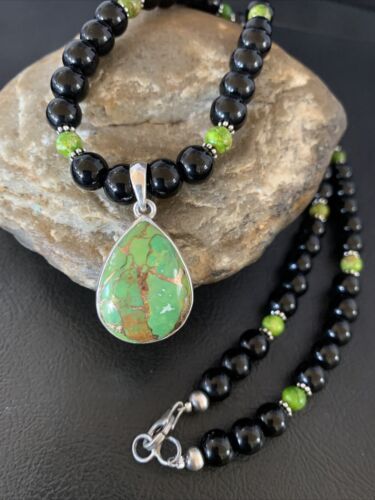 Navajo Pearls Onyx Mojave Turquoise Pendant Necklace | Sterling Silver | Authentic Native American Handmade | 13253