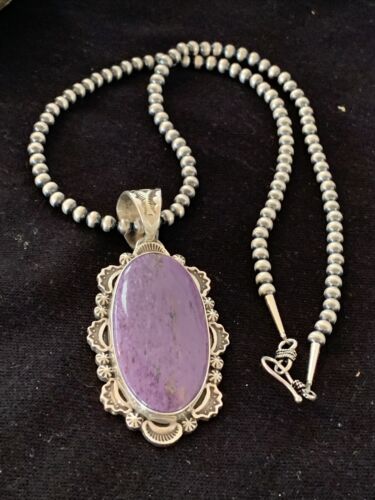 Southwestern Navajo Pearls Necklace | Sterling Silver Charoite Pendant | Authentic Native American Handmade | 01279