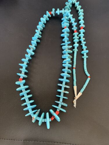Authentic Native American Santo Domingo Necklace | Sterling Silver, Coral & Turquoise | 36" Graduated | 12068