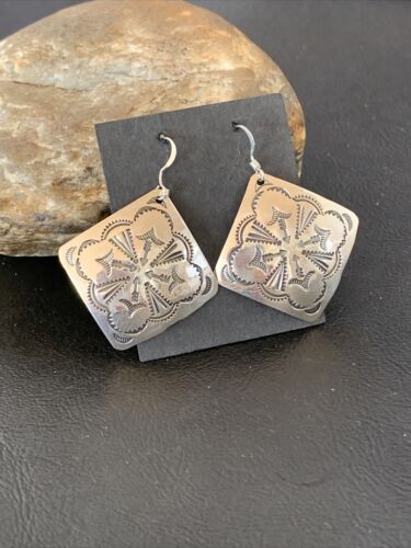Native American Women's Dangle Earrings | Navajo Sterling Silver Stamped Handmade | 1656