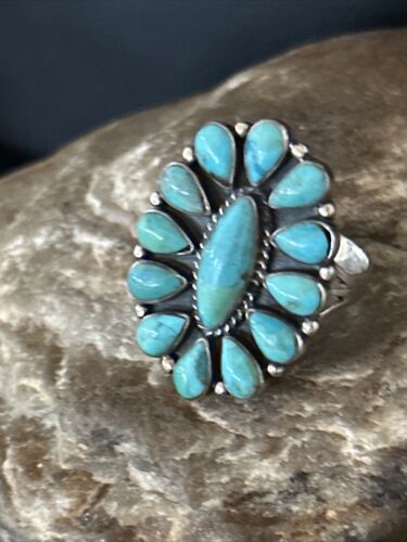 Navajo Blue Turquoise Cluster Ring | Authentic Native American Sterling Silver | Multi-Stone | Sz 9 | 14265