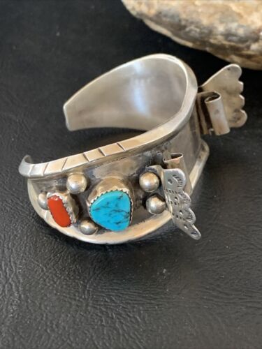 Navajo Sterling Silver Watch Cuff Bracelet | Blue Turquoise & Coral | Authentic Native American Jewelry | 12169
