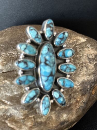 Navajo Blue Turquoise Cluster Ring | Authentic Native American Sterling Silver | Multi-Stone | Sz 6.5 | 14227