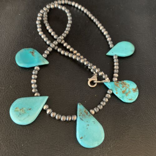 Navajo Teardrop Blue Turquoise Necklace | Sterling Silver Pearls | 20" | Authentic Native American Handmade | 13967
